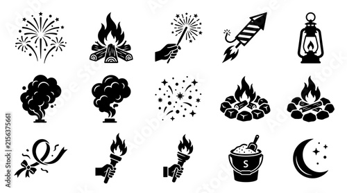 Collection of black and white bonfire fireworks and camping icons.