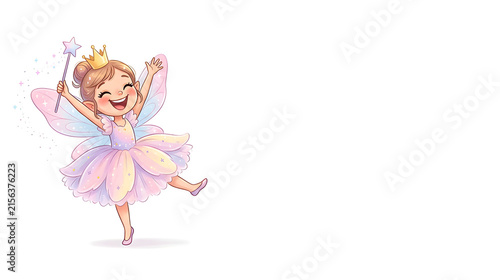 A wildly happy cartoon tooth fairy dancing with both arms raised, one tiny foot lifted, enormous joyful smile, sparkling eyes, rosy cheeks, delicate wings, colorful pastel dress, tiny crown and magica