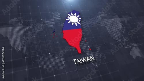 Taiwan map with national flag on digital world map background, geographic border, global political and international news concept