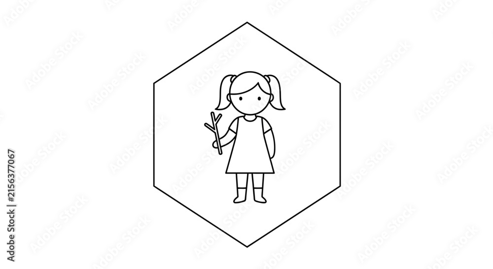 Fototapeta premium Little girl holding flower, minimalist illustration