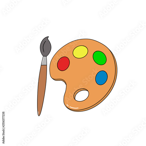 palette with paints and brushes and with many colors 