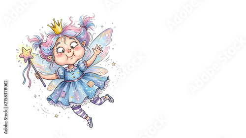 An extremely funny cartoon tooth fairy with crossed eyes, puffed cheeks, crooked smile and uneven eyebrows, messy pastel hair, slightly crooked crown, delicate wings and magical wand held awkwardly, 