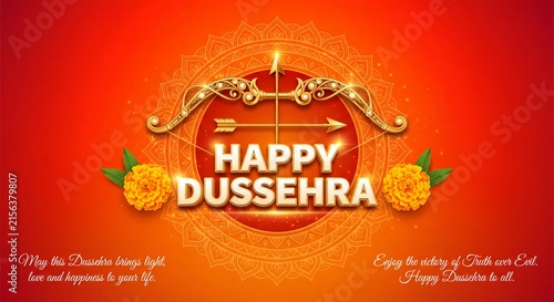 Greeting card with bow for Navratri festival with hindi text meaning Dussehra (Hindu holiday Vijayadashami). Vector illustration