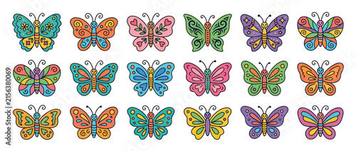 Collection of Colorful Hand-Drawn Butterfly Illustrations on Transparent Background