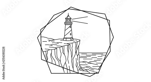 Lighthouse on Cliff, Geometric Line Art