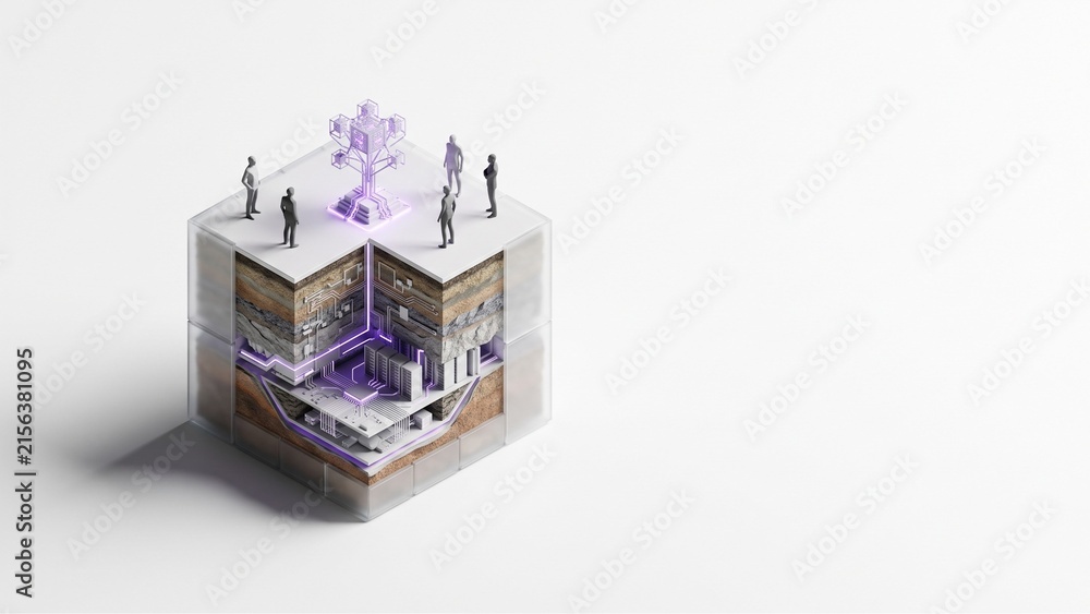 Obraz premium Crisp extreme wide isometric cross-section block diorama representing an AI Agent data ecosystem