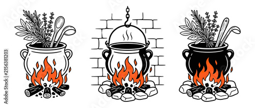 Cooking Pot with Herbs and Flames on Transparent Background