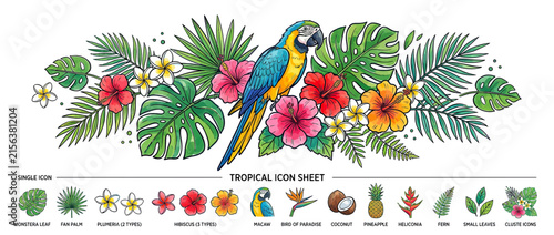 Colorful Parrot with Tropical Flowers and Leaves