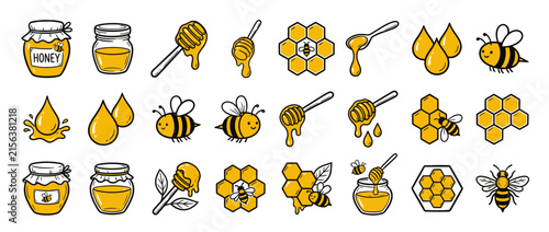 Cute bees and honey elements, isolated on transparent background.