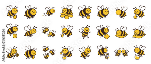 Cute cartoon bees collection, isolated on transparent background