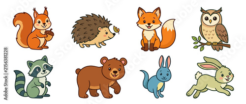 Cute cartoon forest animals collection isolated on white