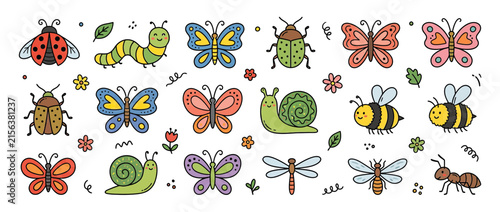 Cute Cartoon Insects and Bugs Collection Isolated