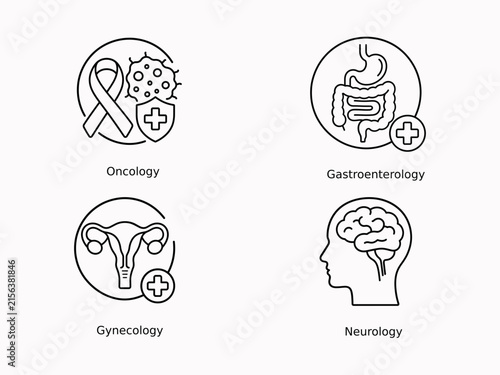 Flat medical specialty icons set showing orthodontics, gastroenterology, gynecology, and neurology vector illustrations