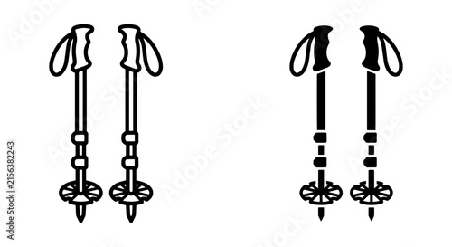 Ski Poles Vector Icons, Winter Sports Equipment, Snowboarding Gear, Alpine Adventure Tools, Black and White Graphics