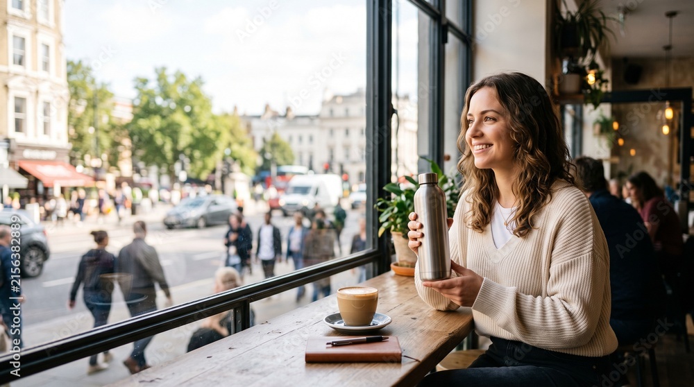 Fototapeta premium Person Holding Reusable Water Bottle at Cafe Window with Sky Copy Space