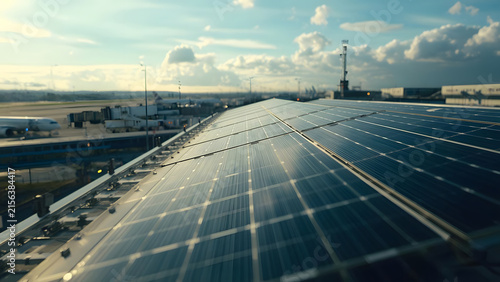 Rooftop solar panels at airport generating clean energy with airplanes and sky in background