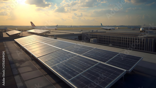 Rooftop Solar Panels at Airport with Airplanes on Tarmac at Sunset