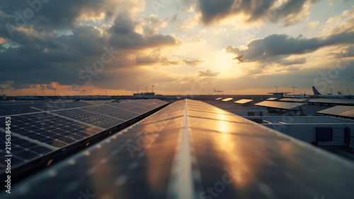Rooftop Solar Panels at Sunset: Renewable Energy Infrastructure with Dramatic Sky and Aircraft