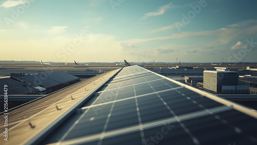 Rooftop Solar Panels on Airport Terminal Building with Airplanes on Tarmac at Sunset