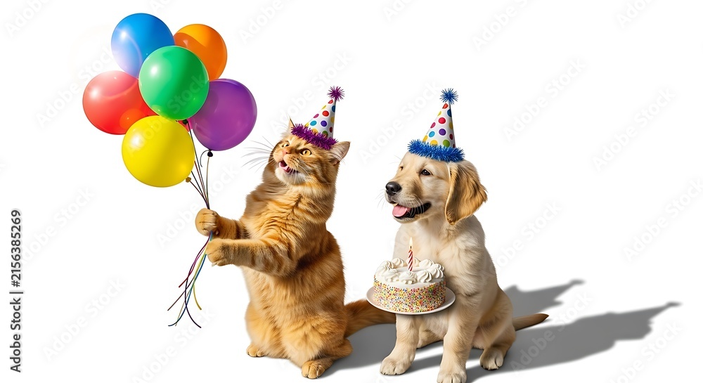 Fototapeta premium Adorable cat and dog celebrating birthday with balloons and cake