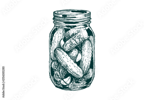 Vintage Pickled Cucumber Vector Illustration Hand Drawn Fermented Dill Pickles Glass Jar Black And White Engraving Line Art Sketch For Restaurant Menu Packaging Label Logo Graphic Design