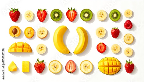 Colorful assorted fruit and vegetable emojis collection.