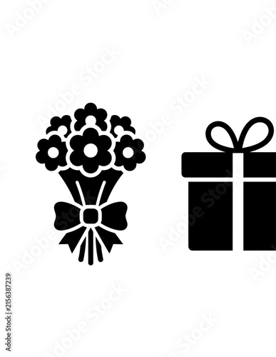 Flower bouquet and gift box icon set.