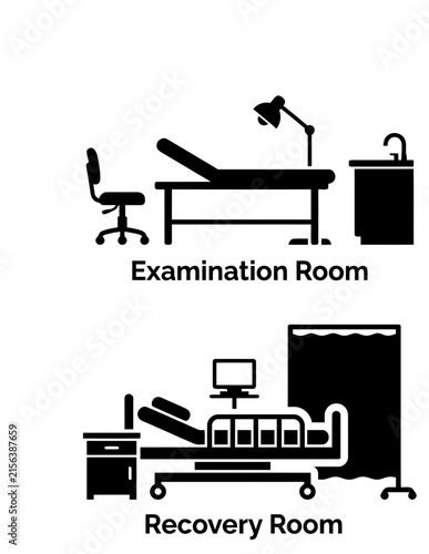 Hospital examination and recovery room furniture icons.