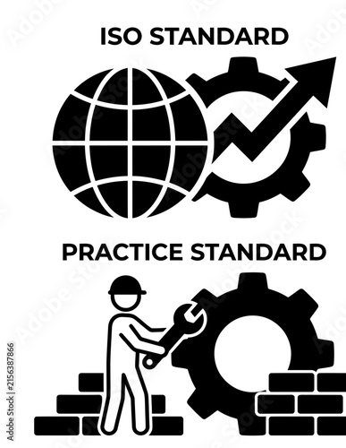 ISO and practice standards icons for manufacturing quality control.