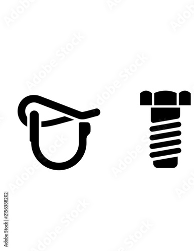Metal carabiner and bolt icons.