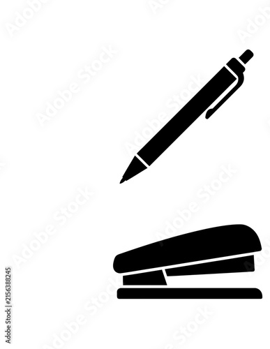Minimalist black and white icons of a pen and a stapler.
