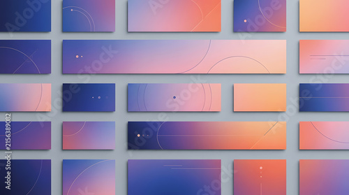 Abstract gradient rectangular banners set, sunset color palette UI elements grid layout with fine line details