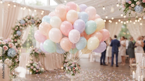 round helium balloons in soft pastel colors. Festive decorative element in realistic 3d design. Decor for Valentine's day, wedding and birthday. vector illustration
