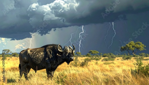 African buffalo grazing in golden savanna grassland.