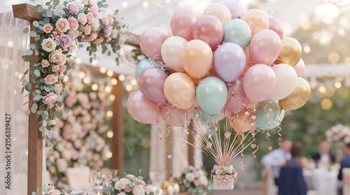 round helium balloons in soft pastel colors. Festive decorative element in realistic 3d design. Decor for Valentine's day, wedding and birthday. vector illustration

