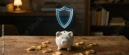 Small business economics white piggy bank with digital shield protection and scattered coins