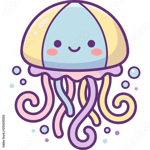 Cute Kawaii Pastel Jellyfish Cartoon Mascot Icon Vector Illustration Isolated on White Background with Colorful Tentacles and Bubbles Design