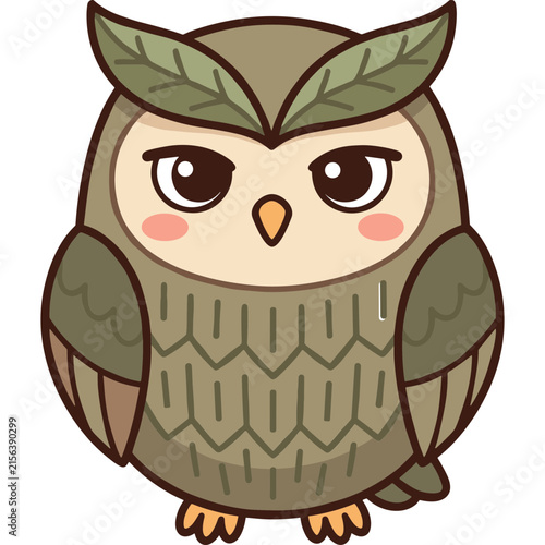 Cute owl cartoon character featuring leaf ears and a round brown body, ideal vector graphic for nature-themed stickers and forest animal mascots