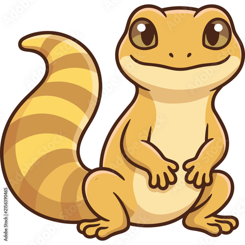 Cute cartoon gecko with yellow and beige stripes, friendly smiling reptile illustration