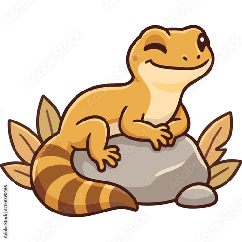 Cute cartoon gecko winking while sitting on a grey rock with brown leaves