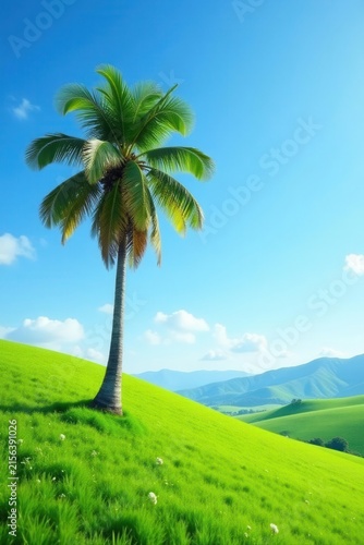 Solitary palm tree in a vibrant green valley, clear blue sky, light, oasis, blue