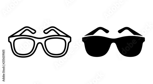 Two Styles of Sunglasses Icons: Outline and Solid Black, Vector Graphics for Fashion and Summer Themes