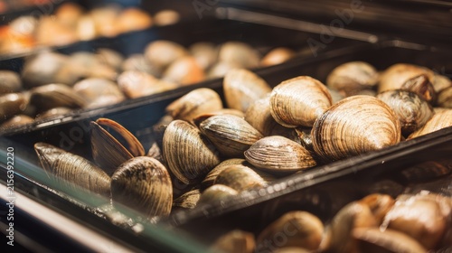Fresh clams displayed in trays, ready for sale or cooking, showcasing their natural shells and textures.