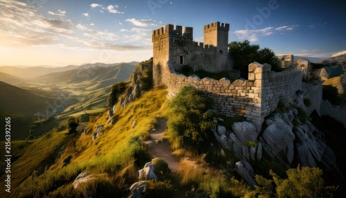 Medieval Castle on Rocky Hilltop Landscape.