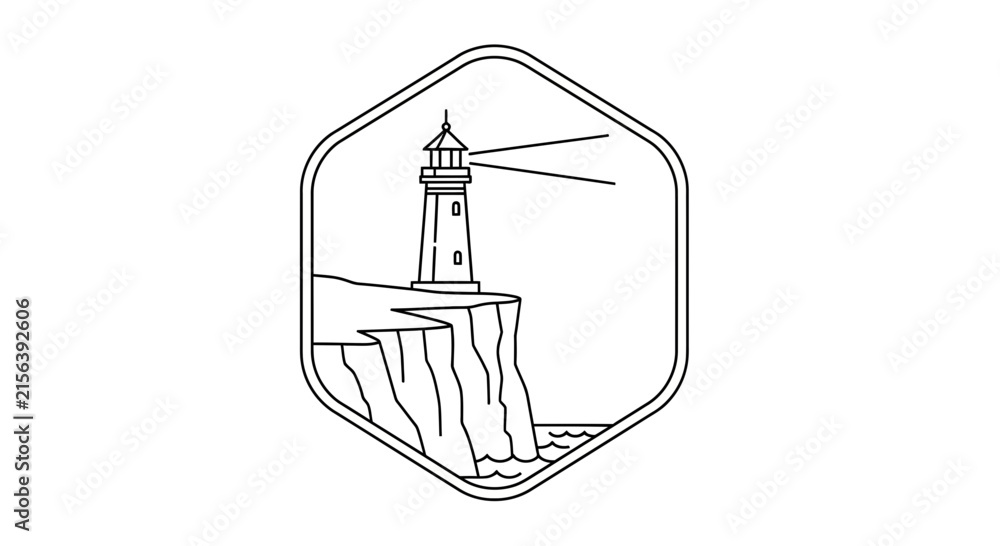 Obraz premium Minimalist Lighthouse Illustration on Cliff by the Sea, Outline Vector Art