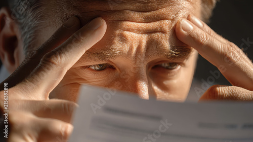 Mature man, finger, forehead, document, stress, close up, rubbing temple while reading overdue bill with concern
