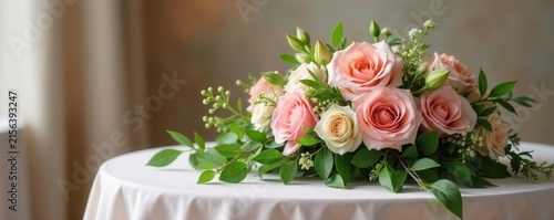 Romantic floral arrangement with cascading greenery on a draped table , ambiance, atmosphere, texture