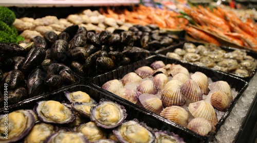 Fresh seafood including oysters, mussels, clams, and shrimp arranged on ice at a market display.