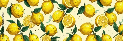 Vintage hand-drawn lemon pattern; seamless citrus texture for labels , graphic, summer, hand-drawn