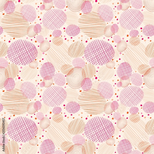 Pink and orange abstract geometric seamless pattern with hand drawn grids, stripes, circles and dots on cream background